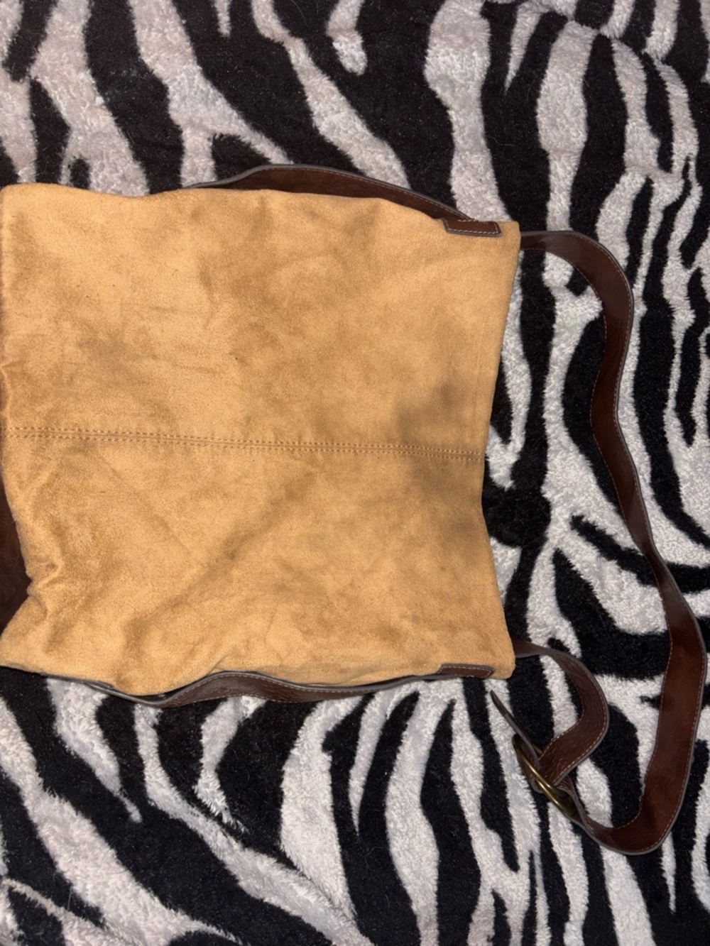 Tan Suede Crossbody Tote with Brown Leather Strap